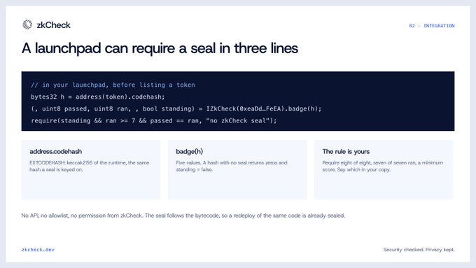Screenshot of zkCheck documentation showing code for a launchpad seal integration, with explanations of address(codehash), badge(h), and custom rules.