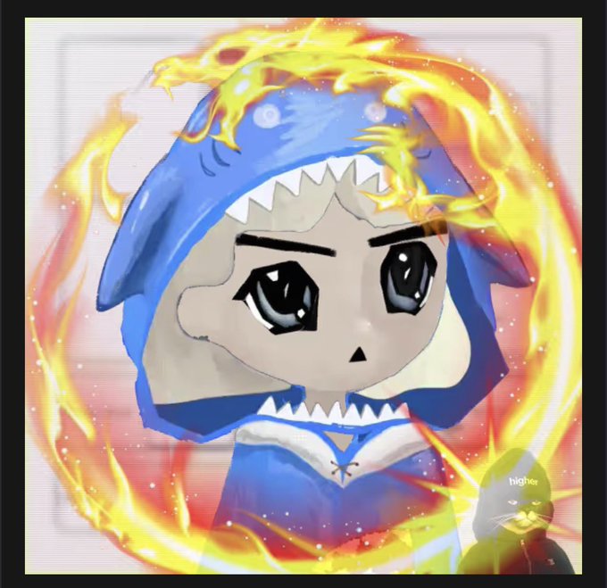 A digital drawing of an anime-style character with large eyes wearing a blue shark hoodie, surrounded by a ring of fire with a small figure in the corner.