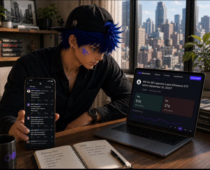 An anime-style illustration of a young man with blue hair wearing a black cap, sitting at a desk holding a phone displaying social media posts, with a laptop showing a 'Will the SEC approve a spot Ethereum ETF' prediction market poll, alongside an open notebook with 'Marketing Plan' and 'Ideas'.