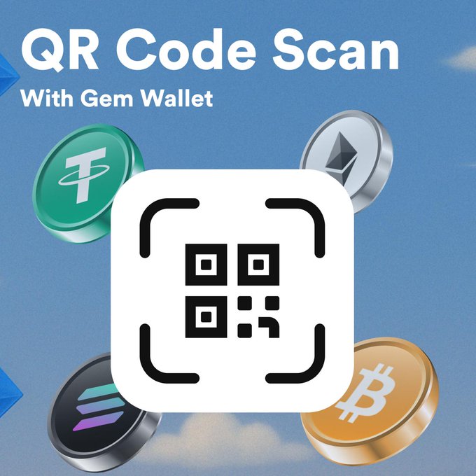 Promotional graphic for a 'QR Code Scan With Gem Wallet' app, displaying a QR code icon surrounded by various cryptocurrency coins including Bitcoin, Ethereum, Tether, and Solana.