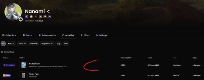 A profile page for user 'Nanami' displays their activity log, showing recent transactions including a 'K's Replacron' Pokémon card sold for $78.3 and a 'Trinity Pack' for $100, with a red hand-drawn arrow pointing to the K's Replacron row.