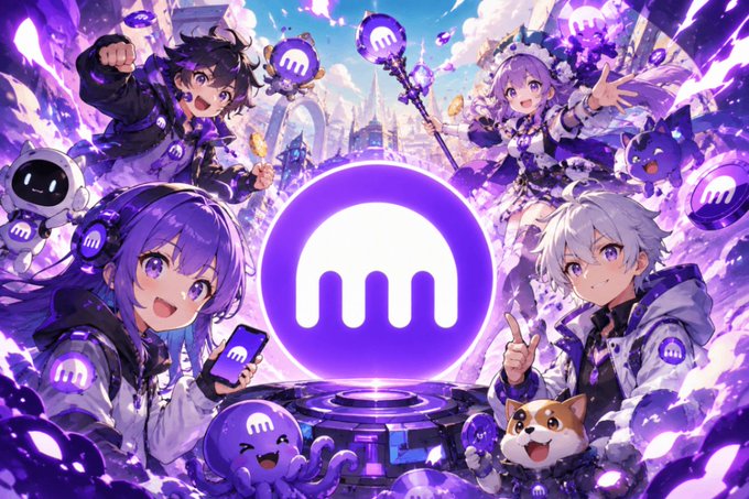 Vibrant anime-style promotional artwork featuring various characters surrounding a central purple Kraken/crypto exchange logo with floating coin mascots.
