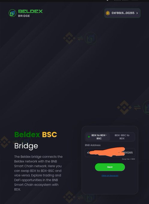 Screenshot of the Beldex BSC Bridge interface with a dark theme, showing options to swap between BDX-BSC and BDX-BDX, a BNB address field (partially redacted in orange), and explanatory text about connecting the Beldex network with the BNB Smart Chain.