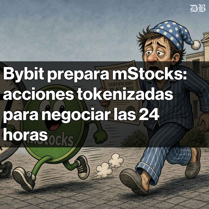 An illustrated cartoon-style image with the headline 'Bybit prepara mStocks: acciones tokenizadas para negociar las 24 horas' (Bybit prepares mStocks: tokenized stocks for 24-hour trading), showing a cartoon mascot running alongside a man in pajamas and nightcap.