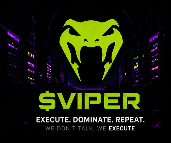 A neon green snake logo with the text '$VIPER', 'EXECUTE. DOMINATE. REPEAT.', and 'WE DON'T TALK. WE EXECUTE.' set against a dark, cyberpunk-style cityscape background.