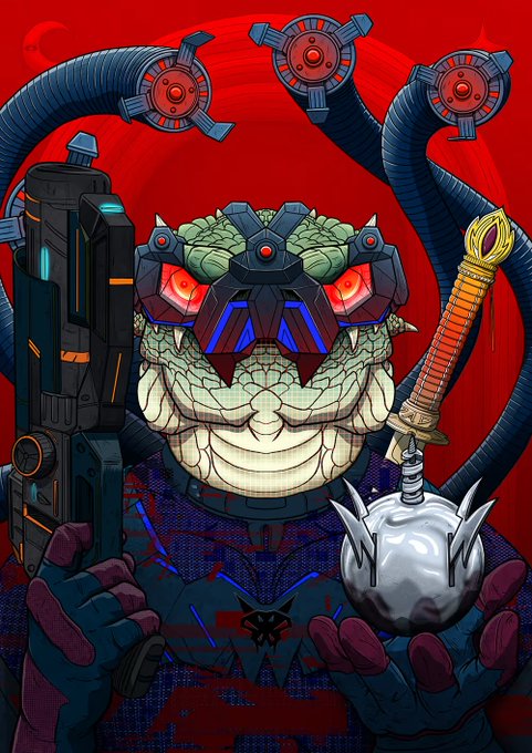 An illustrated reptilian humanoid character with glowing red eyes holds a futuristic gun and a spiked mace against a red background.