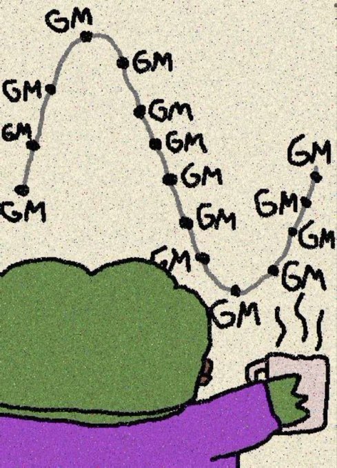 A cartoon drawing of a green character holding a mug with a wavy line above labeled repeatedly with 'GM', suggesting a cryptocurrency meme.