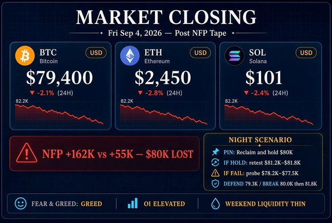 A market closing summary for Friday, September 4, 2026, showing declines in BTC ($79,400), ETH ($2,450), and SOL ($101) post-NFP tape.