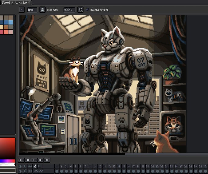 A pixel art illustration displayed in a software interface (Steel & Whiske X) showing a large robotic cat labeled '07 CAT' holding a small kitten in a workshop setting.