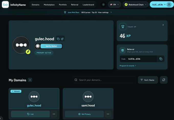 A screenshot of the InfinityName dashboard showing the user's profile "gulec.hood" with 46 XP, a referral code, and two domains listed (gulec.hood as primary and sami.hood), illustrating where to purchase .hood domains on Robinhood Chain as mentioned in the airdrop strategy post.