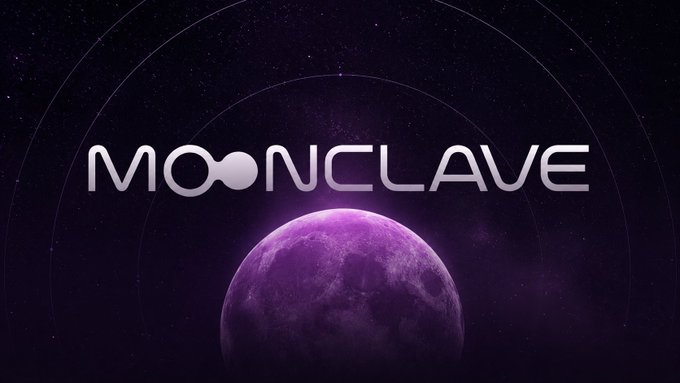 A purple-tinted Moonclave logo appears over a large moon against a starry cosmic background.