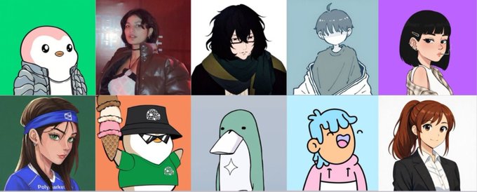 A grid of 10 varied avatar profile pictures featuring cartoon characters, anime figures, and stylized illustrations, likely representing Twitter/X display pictures.