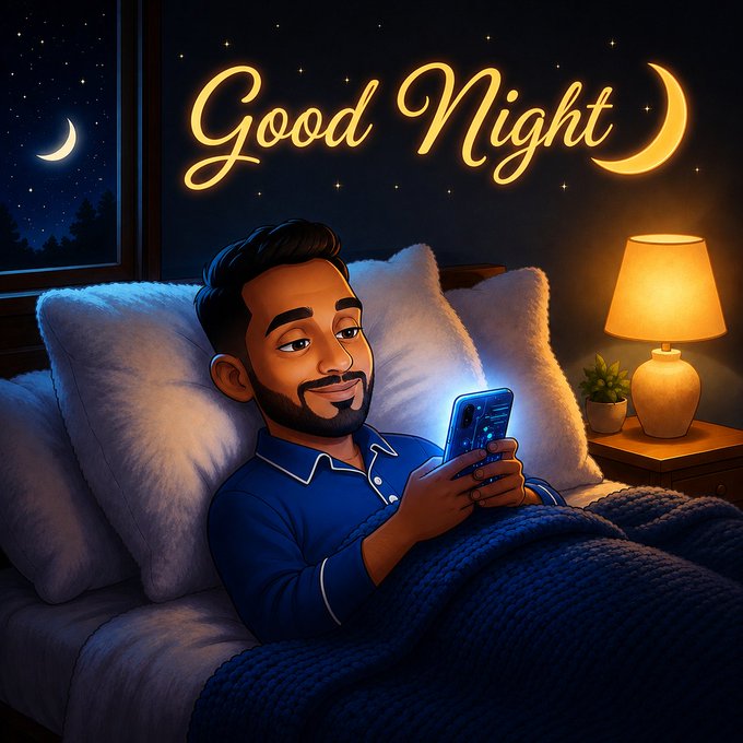 A cartoon illustration of a smiling man in blue pajamas lying in bed looking at his phone, with a glowing "Good Night" message and crescent moon above him.
