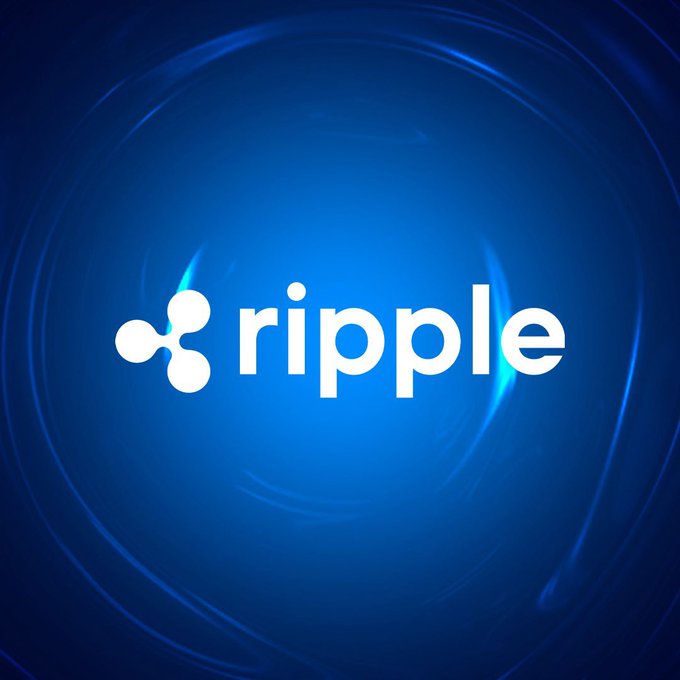 The white Ripple cryptocurrency logo is displayed on a swirling blue background.