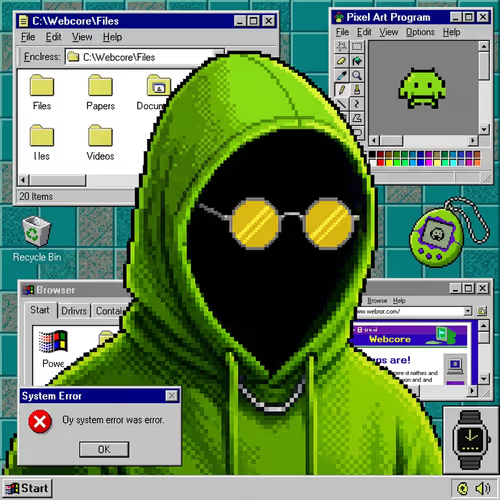 A retro-styled illustration of a hooded figure wearing yellow sunglasses, surrounded by old Windows interface elements including 'Pixel Art Program' and a 'System Error' dialog box.