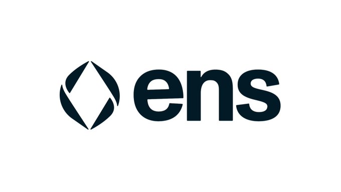 The image shows the Ethereum Name Service (ENS) logo, featuring a stylized diamond-shaped emblem and the lowercase "ens" wordmark in dark navy. This logo corresponds to the post about ENS tokenholders approving a governance overhaul with 70% support, transferring control of a $65M endowment and offchain operations to the ENS Foundation.