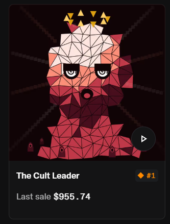 A dark-themed NFT listing titled “The Cult Leader,” showing a red geometric portrait beneath a gold crown and marked with an Ethereum symbol and “#1.” The card also displays “Last sale $955.74.”
