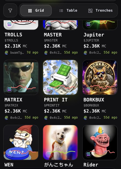 A crypto app screen shows trending tokens in Grid view, including TROLLS, MASTER, Jupiter, MATRIX, PRINT IT, BORKBUX, WEN, and Rider.