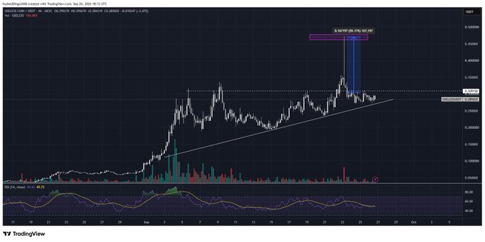 A TradingView chart showing a cryptocurrency's price action with candlesticks, a rising trendline, RSI indicator at the bottom, and a highlighted area showing a price drop of approximately 22.89% (-$0.837).