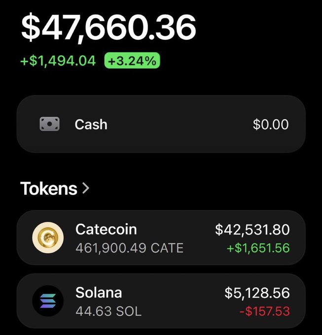 A Robinhood-style portfolio screenshot displays a total balance of $47,660.36 (+$1,494.04, +3.24%), with holdings in 461,900.49 CATE ($42,531.80, +$1,651.56) and 44.63 SOL ($5,128.56, -$157.53), visually supporting the post's claim of surpassing $40,000 in profit from Catecoin.