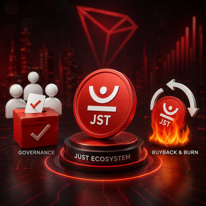 A 3D rendered graphic of the 'JUST ECOSYSTEM' featuring a red JST coin, a Tron logo in the background, and icons for 'GOVERNANCE' (voting box with people) and 'BUYBACK & BURN' (coin in flames).