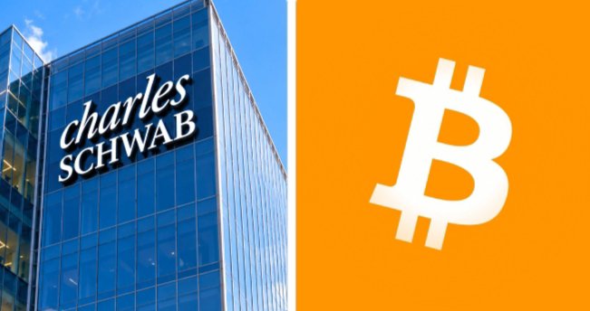 The image features the Charles Schwab logo on a glass office building alongside a large orange Bitcoin (₿) symbol, visually pairing the financial services giant with cryptocurrency. This composition illustrates the post's theme about Charles Schwab's engagement with the U.S. Strategic Bitcoin Reserve bill, highlighting the intersection of traditional finance and emerging digital asset legislation.