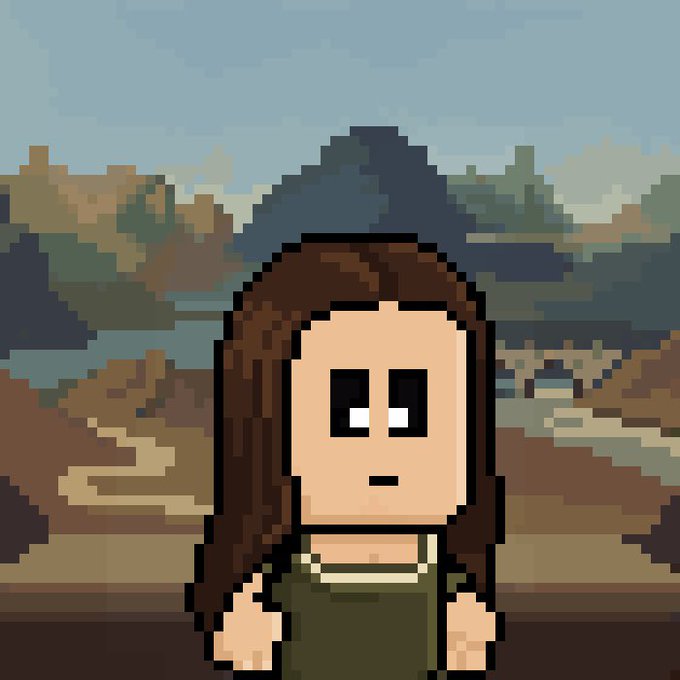 A pixel art rendition of the Mona Lisa, reimagined as a wide-eyed rebel character, promoting the GTD Whitelist application for Art Rebel Club. The classic portrait is transformed into a stylized pixel character with a small smile, set against the painting's iconic landscape backdrop.
