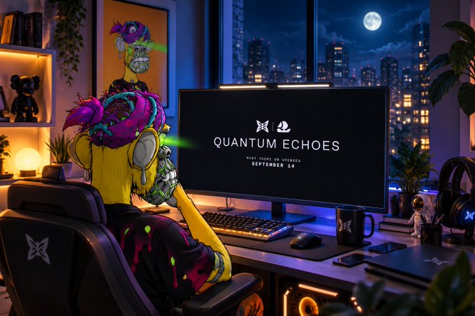 An animated scene features a character with a yellow skull mask and colorful pink hair sitting at a desk in front of a monitor displaying 'QUANTUM ECHOES' and 'SEPTEMBER 14', set against a nighttime cityscape visible through a large window.