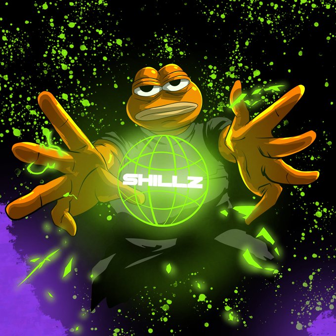 A stylized character with orange skin holds a glowing green orb displaying the 'SHILLZ' logo against a dark, splattered background.