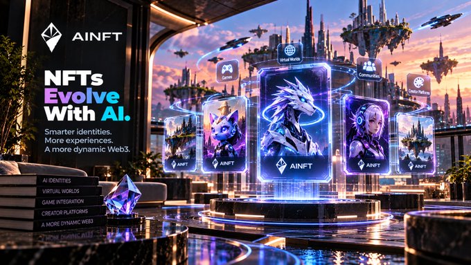 A promotional graphic for 'AINFT' advertises 'NFTs Evolve With AI' featuring holographic digital characters in a futuristic cityscape, with menu items including AI Identities, Virtual Worlds, Game Integration, Creator Platforms, and A More Dynamic Web3.