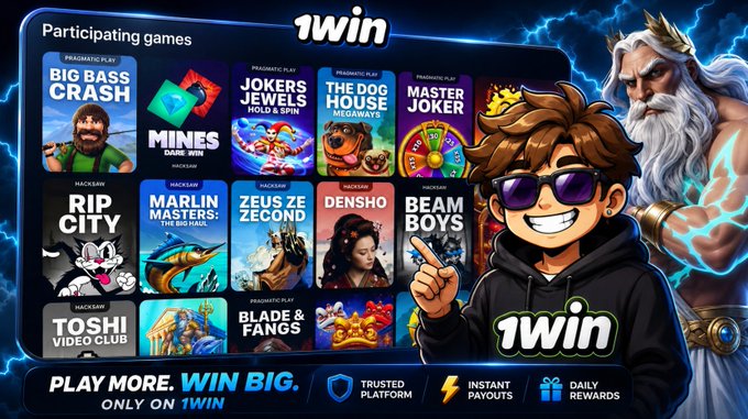 An advertisement for '1win' online gambling platform showing participating games like Big Bass Crash, Mines, Jokers Jewels, and Master Joker, with tagline 'PLAY MORE. WIN BIG. ONLY ON 1WIN.'