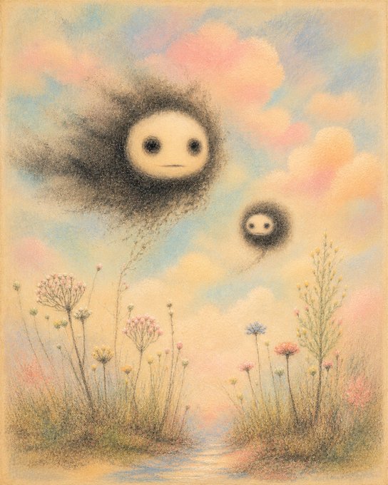 A soft pastel illustration of two fuzzy round creatures with simple faces floating above a field of wildflowers under a cloudy sky.