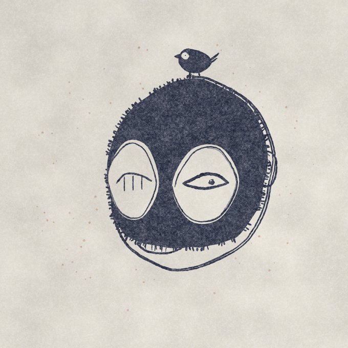 A hand-drawn sketch on textured paper shows a dark, fuzzy round creature with large uneven eyes, with a small bird perched on top of its head.