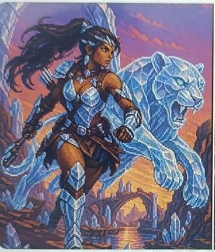 Fantasy artwork depicting a female warrior in blue and silver armor wielding a sword, standing alongside a large, roaring blue ice tiger.