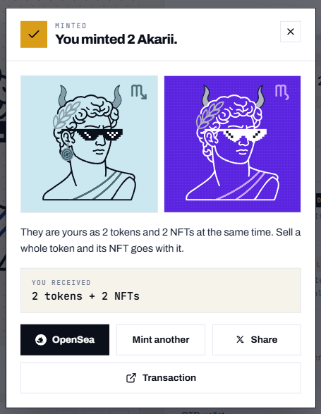 A notification screen showing 'You minted 2 Akarii' featuring two identical images of a horned classical bust wearing pixelated sunglasses, with options to view on OpenSea, mint another, or share.