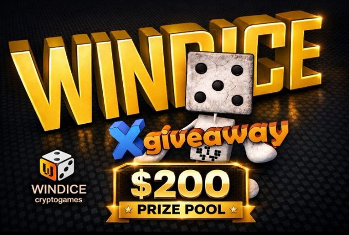 This image is a promotional graphic for a Windice crypto games giveaway featuring a $200 prize pool, with bold golden 3D "WINDICE" lettering, a cracked dice mascot, and the X (formerly Twitter) platform branding, visually reinforcing the giveaway announcement that will distribute $200 to 13 lucky winners across various prize tiers.