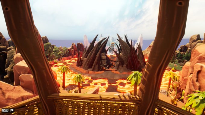 A first-person view from a stylized video game showing a volcanic landscape with flowing lava, palm trees, and rocky terrain framed by wooden posts.