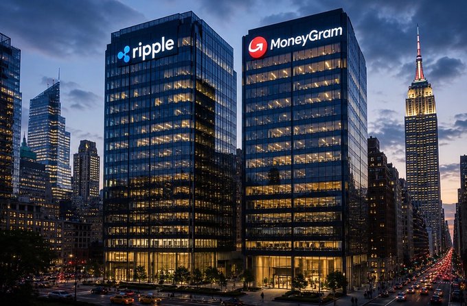 Evening cityscape of New York City featuring two large office buildings displaying illuminated 'Ripple' and 'MoneyGram' logos, with the Empire State Building visible in the background.