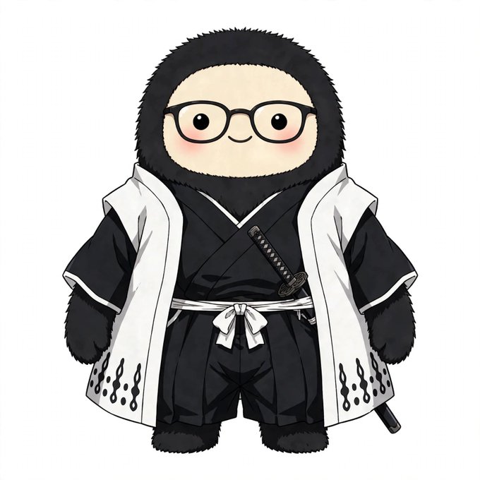 A cartoon illustration of a cute, round ninja character wearing glasses and a traditional black and white kimono-style outfit with a katana sword tucked at the waist.