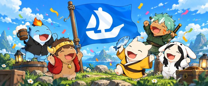 A group of five cheerful, chibi-style characters celebrate around a large blue flag bearing a white ship emblem, with colorful confetti falling around them. The scene's festive, excited energy visually reinforces the post's announcement of the Dynoland eligibility checker going live on OpenSea, capturing the celebratory mood of a NFT mint launch.