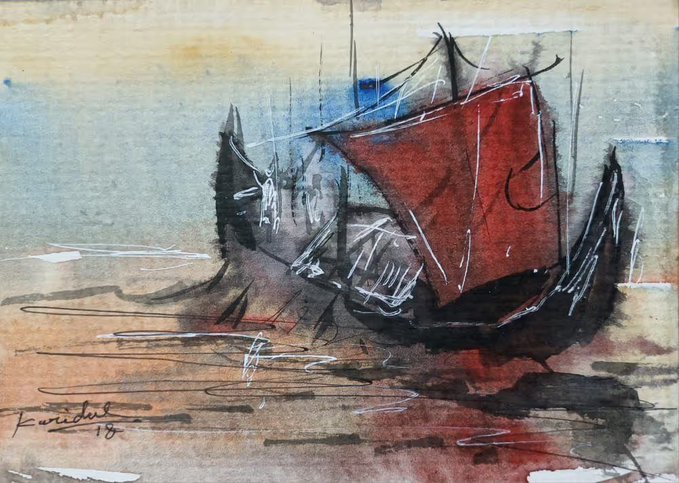 A watercolor and ink painting of a red-sailed boat, signed 'Kovachuk 18' in the bottom left corner.