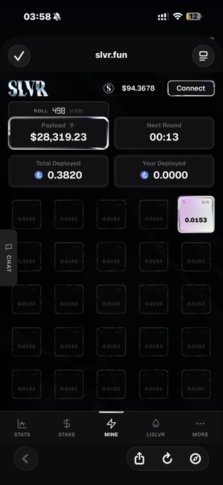 The image shows a mobile screenshot of the SLVR ($94.3678) crypto gambling/betting interface on slvr.fun, displaying a payout of $28,319.23, a roll of 498/625, and a 0.3820 ETH total wagered on a 5x5 grid of mine tiles. This visually supports the post's argument by illustrating active engagement and earnings on the SLVR platform, reinforcing the claim that the token's ~$2M market cap undervalues its revenue-generating activity compared to higher-valued peers like $UP and $PONS.
