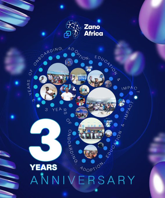 The image features a blue background with white text that reads "3 Years Old Today! Today, we are delighted to celebrate three incredible years of the African community for @Zano_Project". The text is surrounded by various images depicting people and balloons in different sizes and colors, creating an overall festive atmosphere.