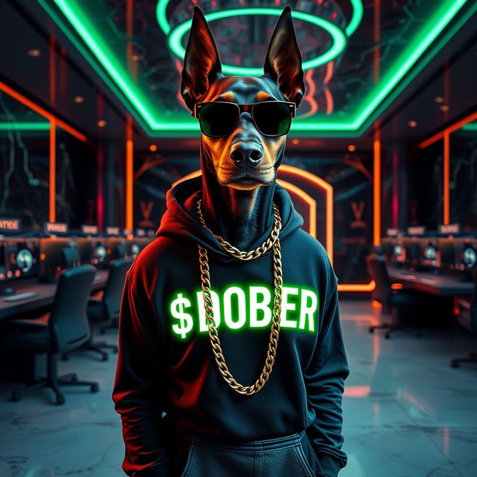 A Doberman dog wearing sunglasses and a black hoodie with '$DOBER' in glowing green text, accessorized with gold chains in a neon-lit room.