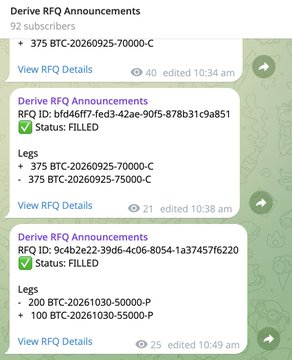 A chat interface displays three "Derive RFQ Announcements" with "FILLED" status, showing large block trade RFQs: a Sep 25 BTC call spread of +375 BTC-20260925-70000-C, an identical filled second leg at -375 BTC-20260925-75000-C, and an Oct 30 BTC put ratio spread of +200/-100 BTC-20261030-50000-P, with $47.7M and $19.1M notional values respectively noted in the post.