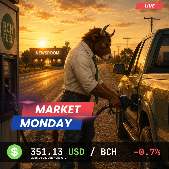 The image features a man dressed as a bull standing next to a car at a gas station with the text "Market Monday" written above him. The background of the image shows a sunset, indicating that the photo was taken during the evening or night hours. The bear is holding up a gas pump and appears to be fueling his vehicle while wearing a tie. The caption below the image reads "BCH holding steady against the dollar, anchor is determined to fuel up and drive further than the bear." This suggests that the bull's actions are symbolic of the bear's determination in the market, as both animals are known for their strength and resilience.