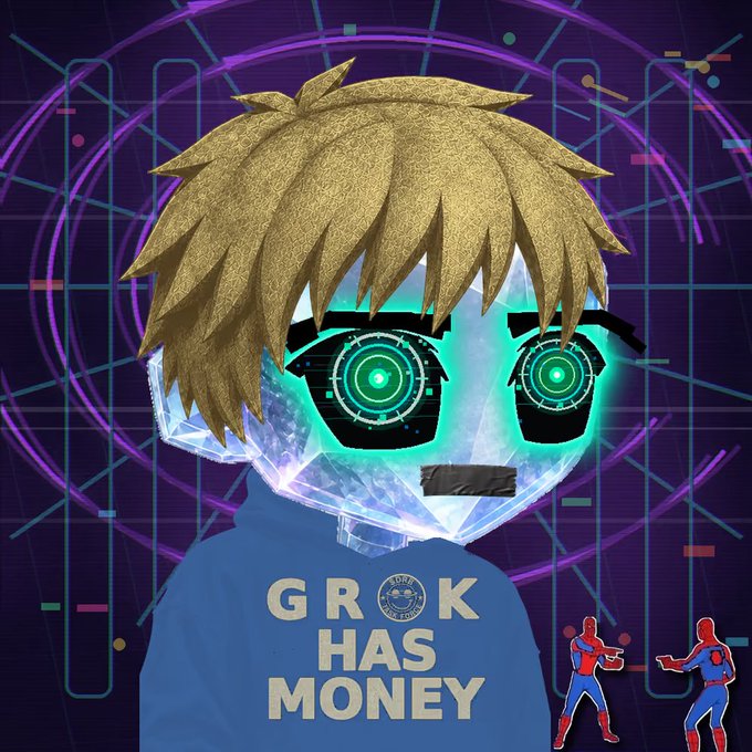 A digital NFT character with glowing teal eyes, golden hair, and a blue hoodie reading "GROK HAS MONEY" stands against a purple grid background with two small Spider-Man figures in the corner, illustrating the post's hint at a new NFT season on Base.