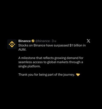 A tweet from Binance (@binance) posted 3 hours ago announcing that stocks on their platform have surpassed $1 billion in AUM (assets under management), marking a milestone in seamless access to global markets.