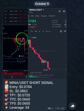 A Binance trading chart for MINA/USDT dated October 9 showing a 'MINA/USDT SHORT SIGNAL' with entry at $0.0784, SL at $0.0862, and three take profit targets.
