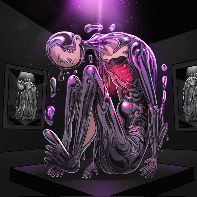 The image features a cartoon illustration of a person with a sad expression, possibly a robot or a monster, sitting down in a room filled with other similar illustrations. The artist responsible for this piece has tagged their work as "Gm Thanks to @JSmithGuru". This indicates that the artist is acknowledging and appreciating the work of another individual who contributed to the creation of this image.